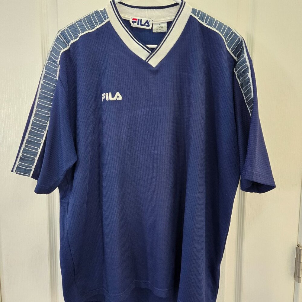 Vintage Fila Men's Blue V-Neck Short Sleeve Shirt Sz L